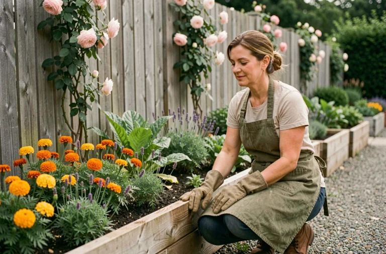 Femme jardinant dans un potager fleuri avec des plantes en pleine croissance et des fleurs colorées dans un bac en bois