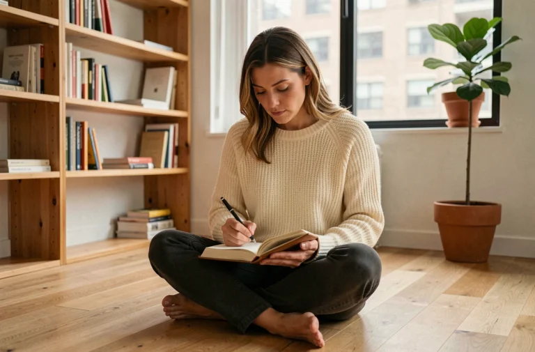 Femme écrivant dans un journal personnel pour renforcer ses convictions et ses valeurs de vie