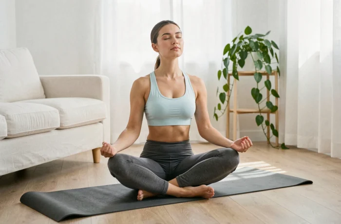 Jeune femme en position de méditation sur un tapis de yoga dans un salon minimaliste, illustrant l'importance de la récupération dans une routine fitness quotidienne