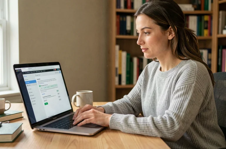 Femme utilisant la messagerie Akeonet sur un ordinateur portable dans un bureau à domicile