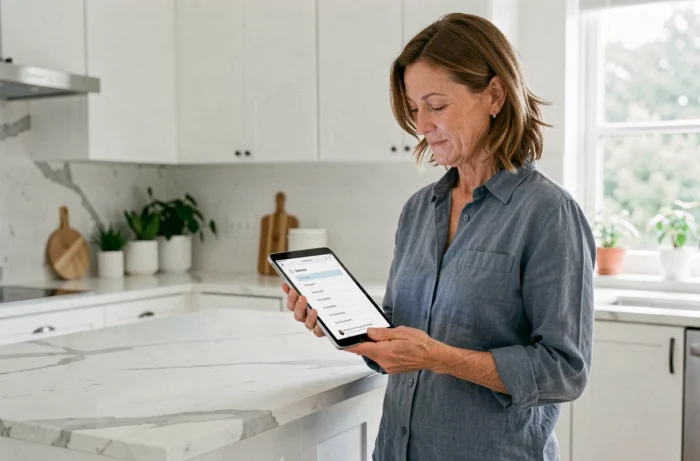 Femme debout dans sa cuisine découvrant la navigation du plan du site Elle Imagine sur une tablette