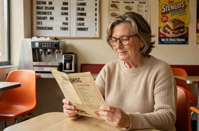 Femme nostalgique feuilletant un ancien menu de restaurant de chaîne française disparue dans un décor rétro des années 80