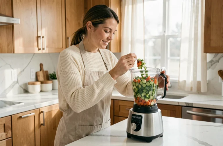 Femme préparant une soupe de légumes frais avec un NutriBullet chauffant dans une cuisine moderne