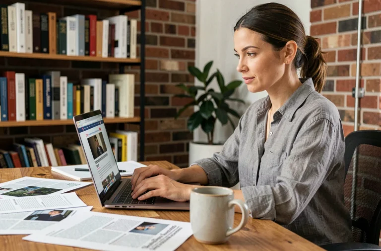 Femme consultant une plateforme d'actualité alternative sur son ordinateur portable dans un bureau à domicile moderne