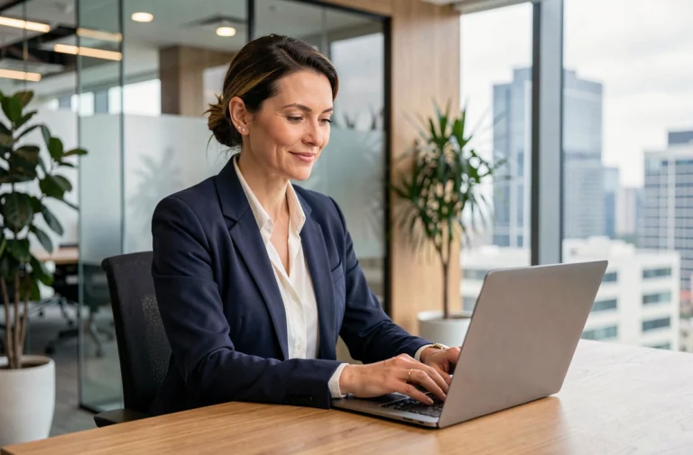Femme professionnelle utilisant un annuaire en ligne sur son ordinateur portable dans un bureau moderne pour booster la visibilité de son entreprise