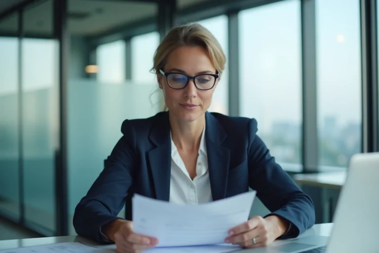 Femme professionnelle consultant des documents administratifs liés au nouveau nom datliv dans un bureau moderne en 2026