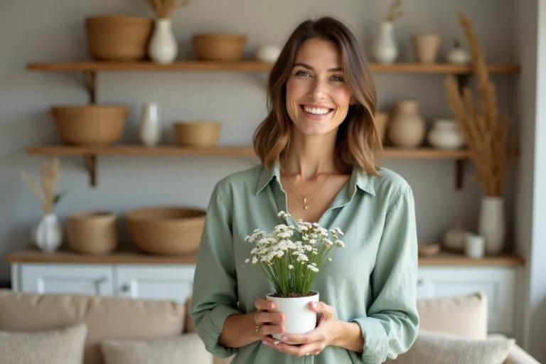 Femme tenant une plante en pot dans un salon zen et décoré avec des éléments naturels harmonieux