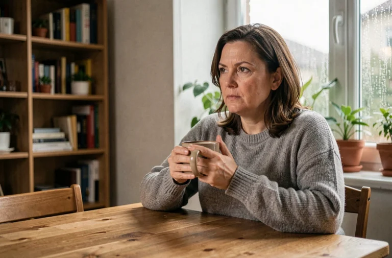 Femme seule tenant une tasse de café regardant par la fenêtre sous la pluie, exprimant la solitude au quotidien