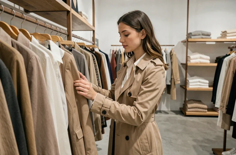 Jeune femme élégante en trench-coat beige explorant les tendances mode dans une boutique Renée Fashion au design épuré