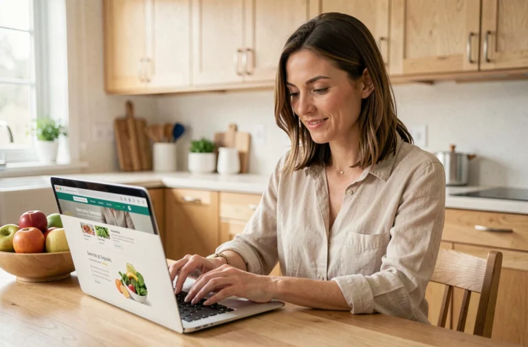 Femme consultant un site de régimes alimentaires sur son ordinateur portable dans une cuisine moderne