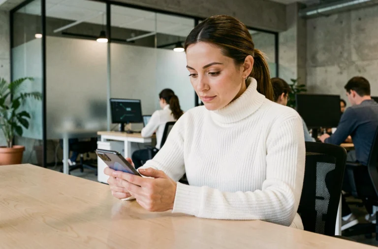 Femme découvrant un smartphone pliable dernière génération dans un espace de travail moderne et minimaliste