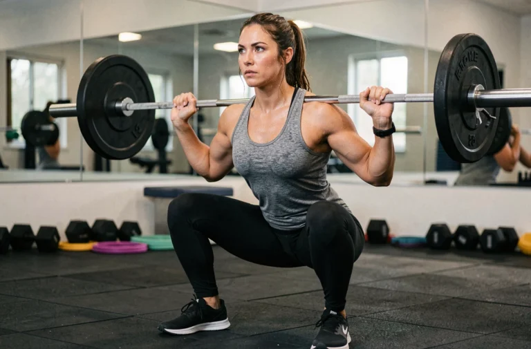Femme effectuant un squat avec barre dans une salle de sport moderne, illustrant les conseils fitness pour améliorer ses performances au quotidien