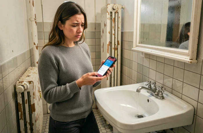 Femme cherchant un plombier d'urgence sur son téléphone face à un robinet qui fuit dans son appartement à Bruxelles