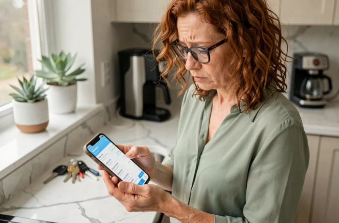 Femme vérifiant une transaction bancaire inconnue sur son application mobile de banque
