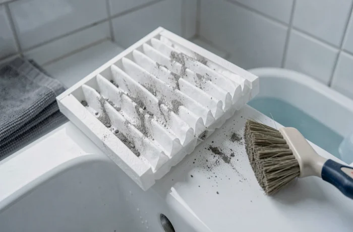Gros plan du filtre plissé poussiéreux d'un aspirateur Karcher WD4 posé sur un évier avant nettoyage