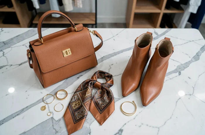 Flat lay éditorial d'accessoires tendance — sac en cuir, foulard en soie et bijoux dorés — dans la boutique Renée Fashion
