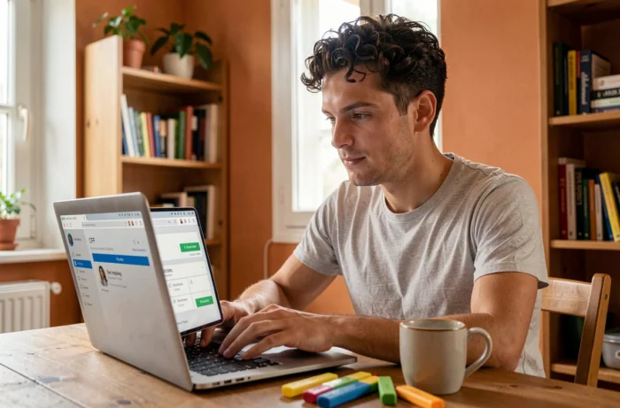 Jeune homme suivant une formation en ligne via le CPF sur son ordinateur portable à domicile