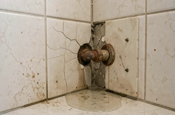 Fuite d'eau et joint de tuyauterie corrodé derrière un panneau d'accès dans une salle de bain d'appartement à Bruxelles