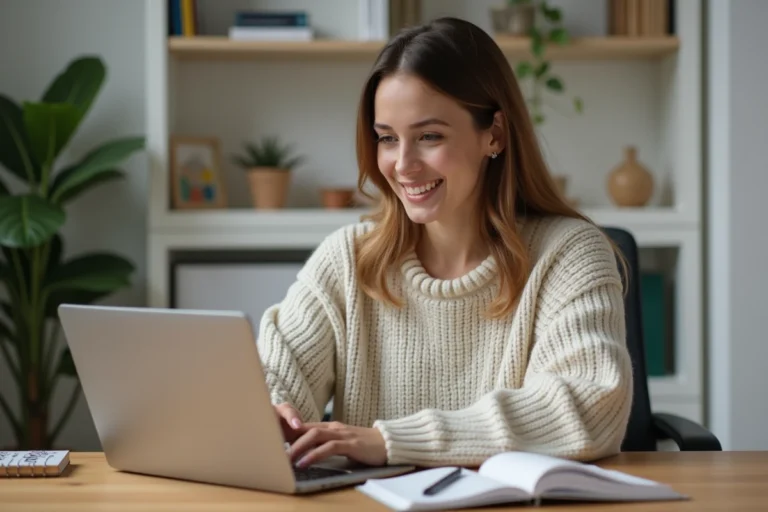 Femme souriante devant un ordinateur portable dans un bureau à domicile, avec un bloc-notes indiquant des montants en euros, symbolisant les moyens de gagner de l'argent en ligne