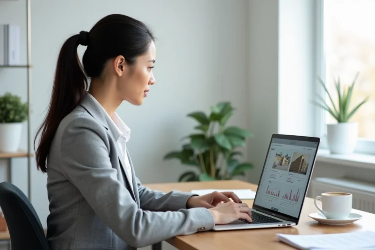 Propriétaire immobilière gérant sa location en ligne depuis son bureau à domicile grâce à une plateforme dédiée