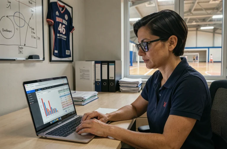 Gestionnaire de club de handball analysant des données de gestion sur un ordinateur dans un bureau administratif sportif