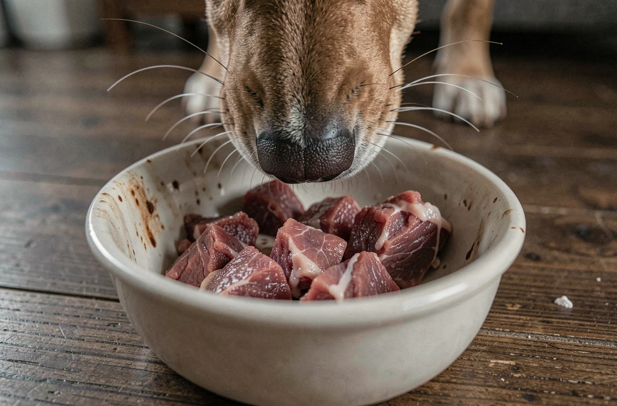 Gros plan sur le museau d'un chien qui renifle une gamelle contenant de la viande avariée