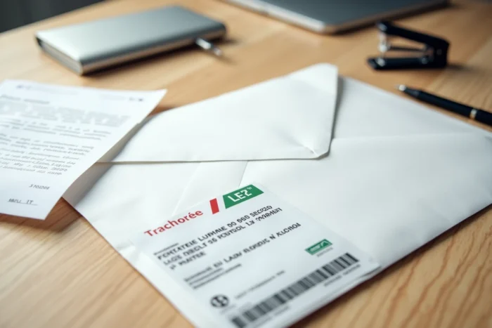 Gros plan d'une enveloppe de lettre recommandée R2 avec étiquette de suivi sur un bureau