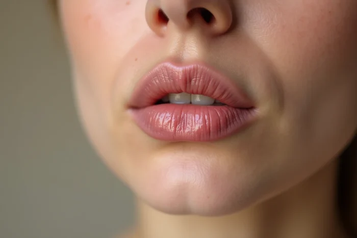 Gros plan hyper-réaliste de lèvres légèrement irritées avec résidu de gloss, texture cutanée détaillée montrant rougeur et sécheresse autour du contour des lèvres