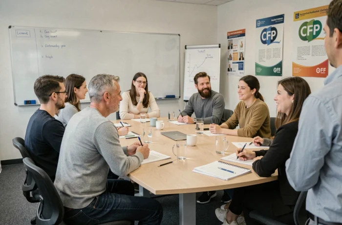 Groupe d'adultes en session de formation professionnelle dans un centre de formation en France