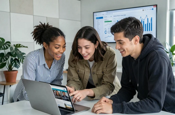 Groupe de jeunes professionnels découvrant les dernières actualités et tendances sur un ordinateur portable