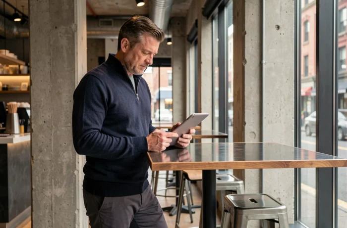 Homme lisant des actualités alternatives sur une tablette dans un café urbain contemporain