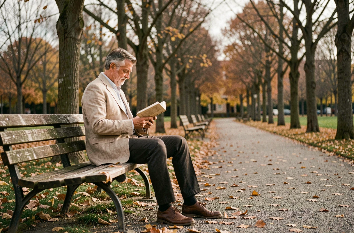 Homme d'âge mûr lisant seul sur un banc de parc en automne, trouvant du réconfort dans la lecture pour surmonter l'isolement