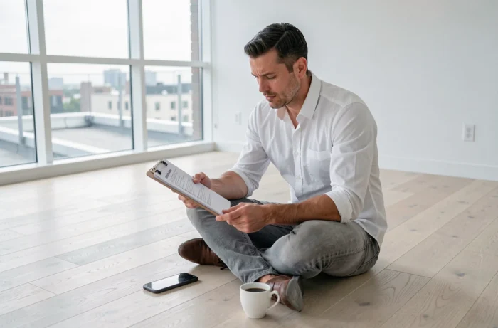 Homme consultant une liste de vérification pour organiser son installation dans un nouvel appartement vide