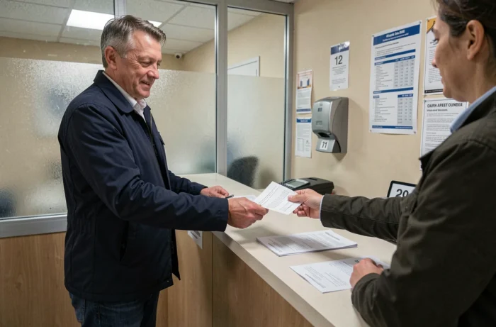 Homme déposant des documents administratifs incluant une attestation de loyer dans un bureau administratif