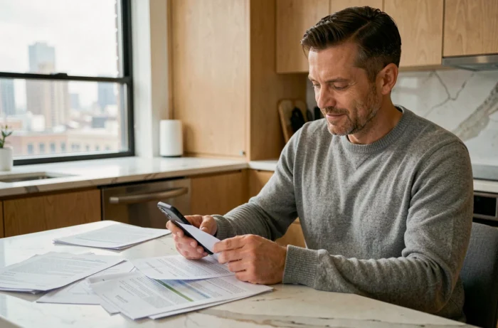 Homme consultant des documents financiers et son smartphone pour obtenir un micro crédit en ligne