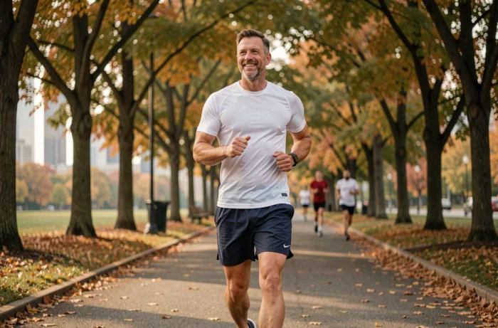 Homme d'âge moyen faisant du jogging dans un parc urbain en automne, représentant l'intégration du fitness dans le quotidien pour booster ses performances