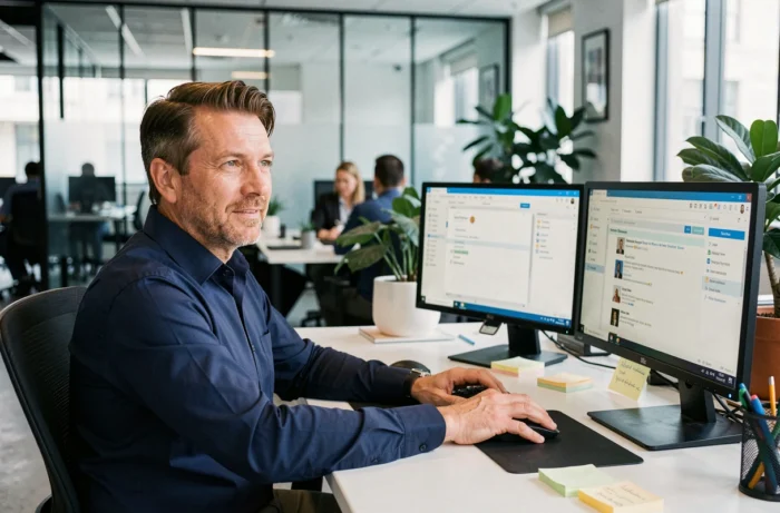 Homme consultant sa messagerie professionnelle Akeonet dans un bureau en open space