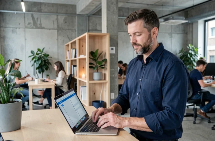 Homme debout dans un espace de coworking moderne explorant les pages et catégories d'un site web sur un ordinateur portable