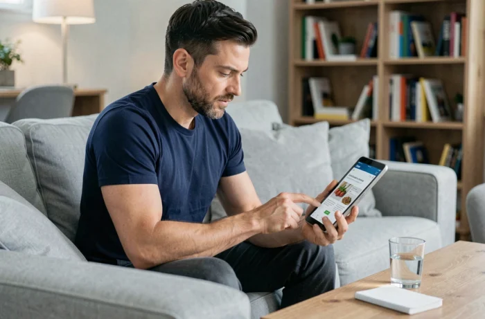 Homme naviguant sur un site de régimes alimentaires sur une tablette dans un salon contemporain