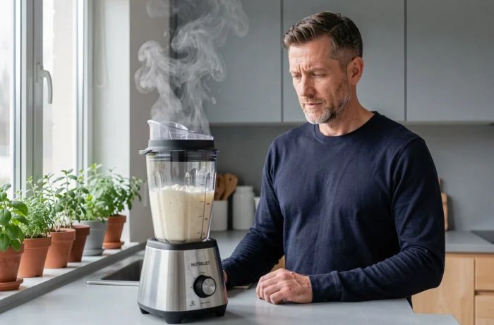 Homme surveillant son NutriBullet chauffant en fonctionnement dans une cuisine scandinave épurée
