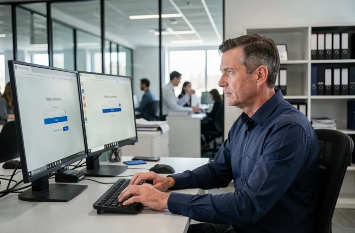 Homme en entreprise tentant de se connecter au webmail de Nantes sur un poste informatique avec une erreur d'accès
