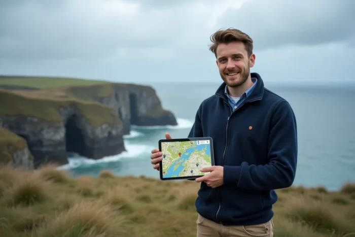 Jeune homme breton consultant un site de patrimoine celtique sur une tablette au bord des falaises de la côte bretonne