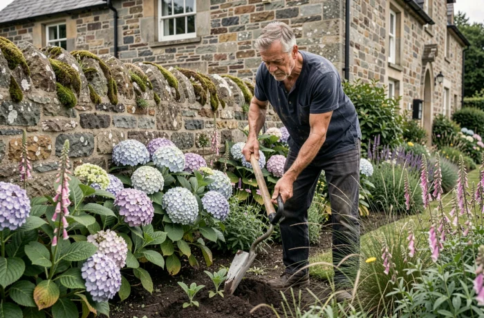 Homme plantant des jeunes plants dans une bordure de jardin fleurie longeant un mur en pierre recouvert de mousse