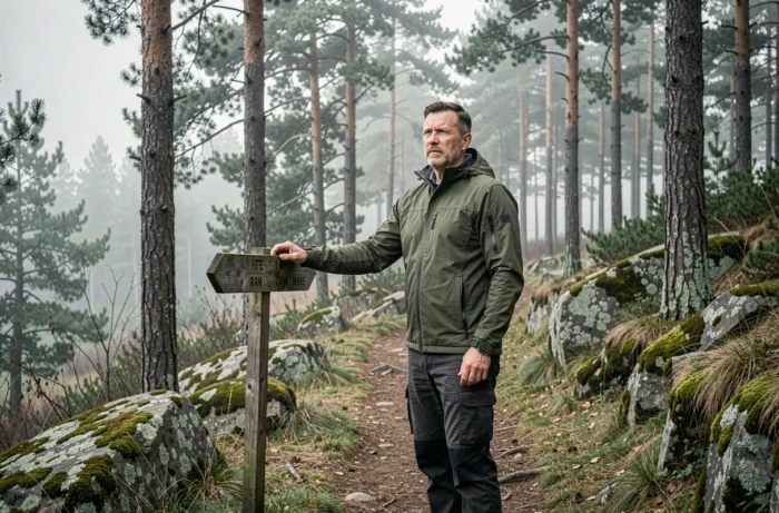 Homme en randonnée en forêt symbolisant la détermination et le renforcement des valeurs personnelles