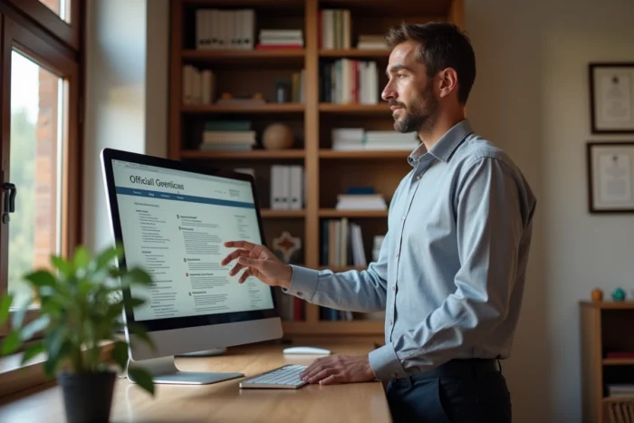 Homme consultant des informations officielles sur le datliv et ses implications réglementaires sur un écran d'ordinateur dans un bureau à domicile