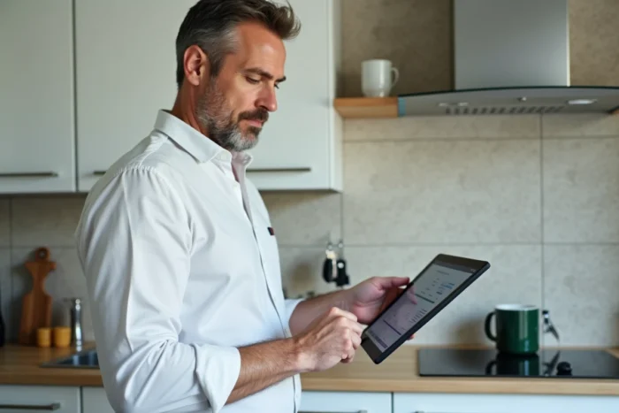 Homme d'âge moyen consultant les résultats du permis de conduire sur une tablette dans une cuisine moderne