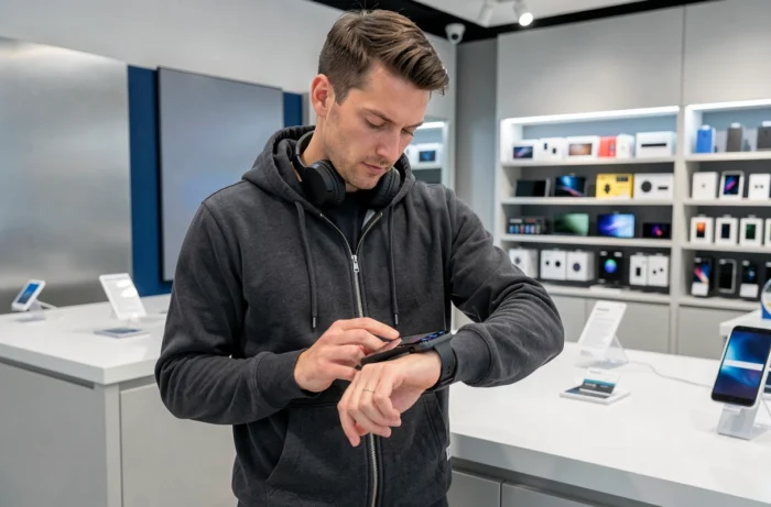 Homme comparant une smartwatch connectée à son smartphone dans un magasin d'électronique moderne