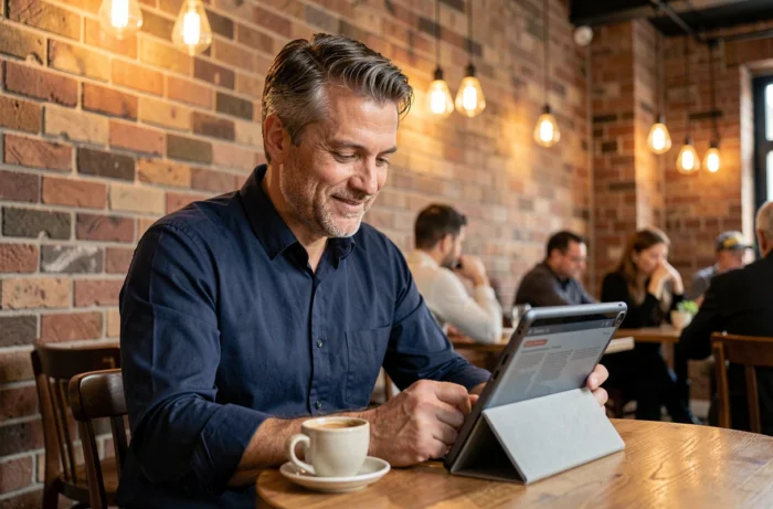 Homme lisant les tendances du moment sur une tablette numérique dans un café urbain