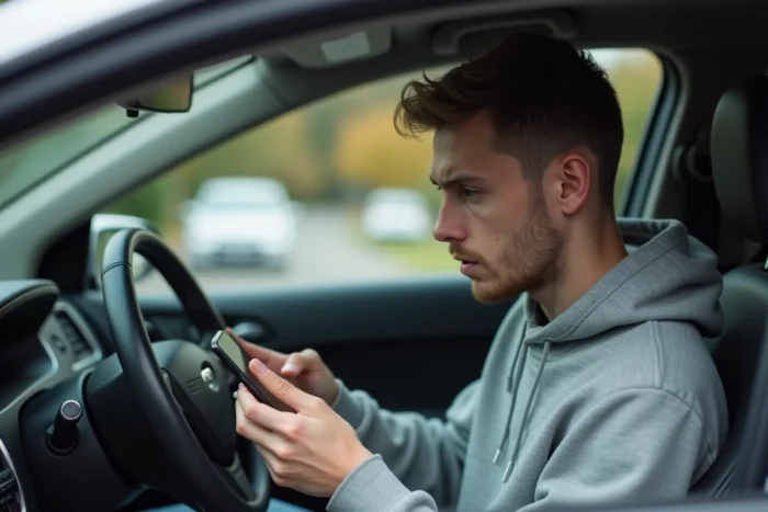 Jeune homme vérifiant le résultat de son examen du permis de conduire sur son smartphone depuis sa voiture