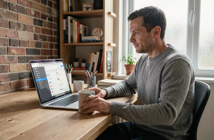 Homme consultant ses dossiers de messagerie sur un laptop dans un espace de travail à domicile